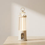 Decorative lantern with a warm glow on a wooden surface against a neutral background