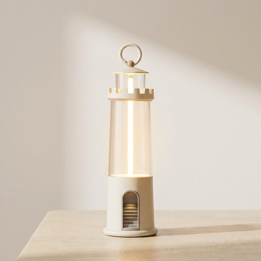 Decorative lantern with a warm glow on a wooden surface against a neutral background