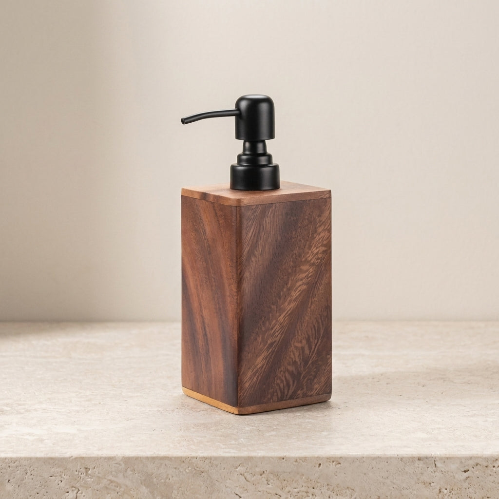 Wooden soap dispenser with black pump on a beige surface