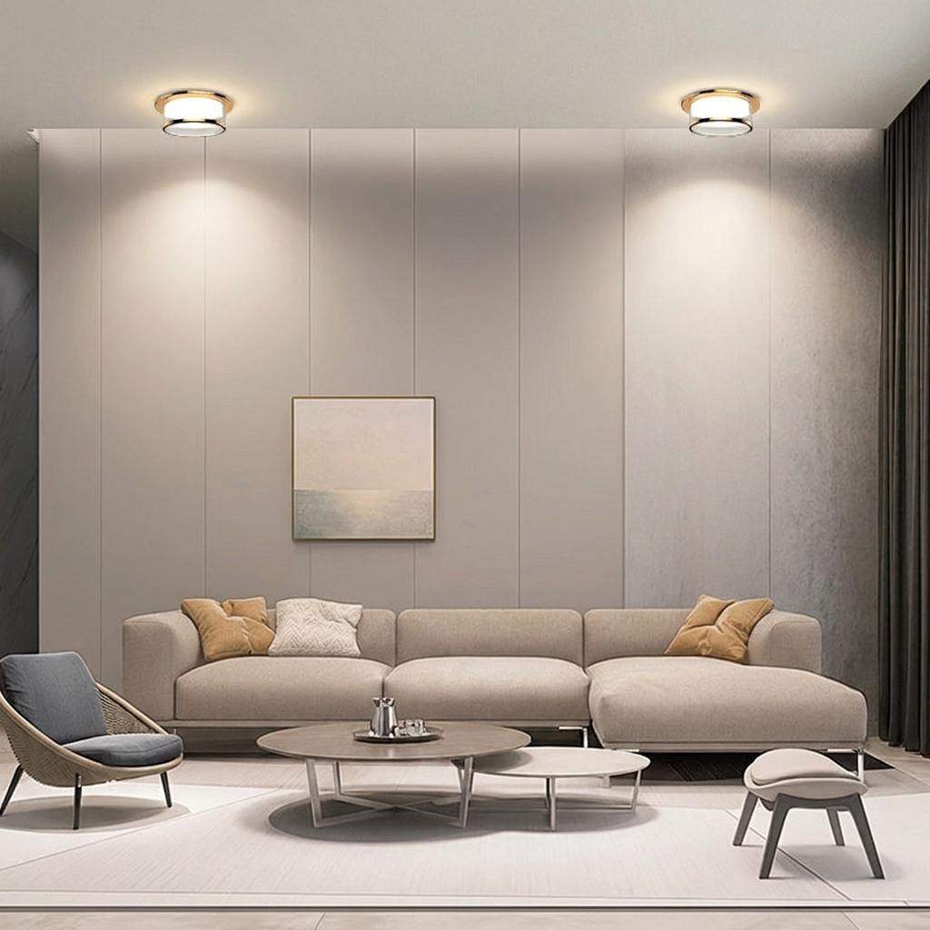 Modern living room with a beige sectional sofa, coffee table, and decorative pillows.