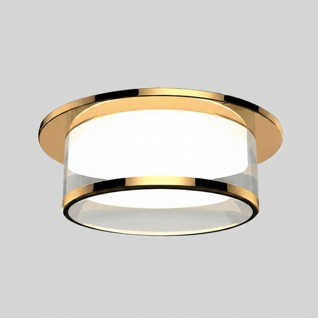 Ceiling light fixture with gold trim on a gray background