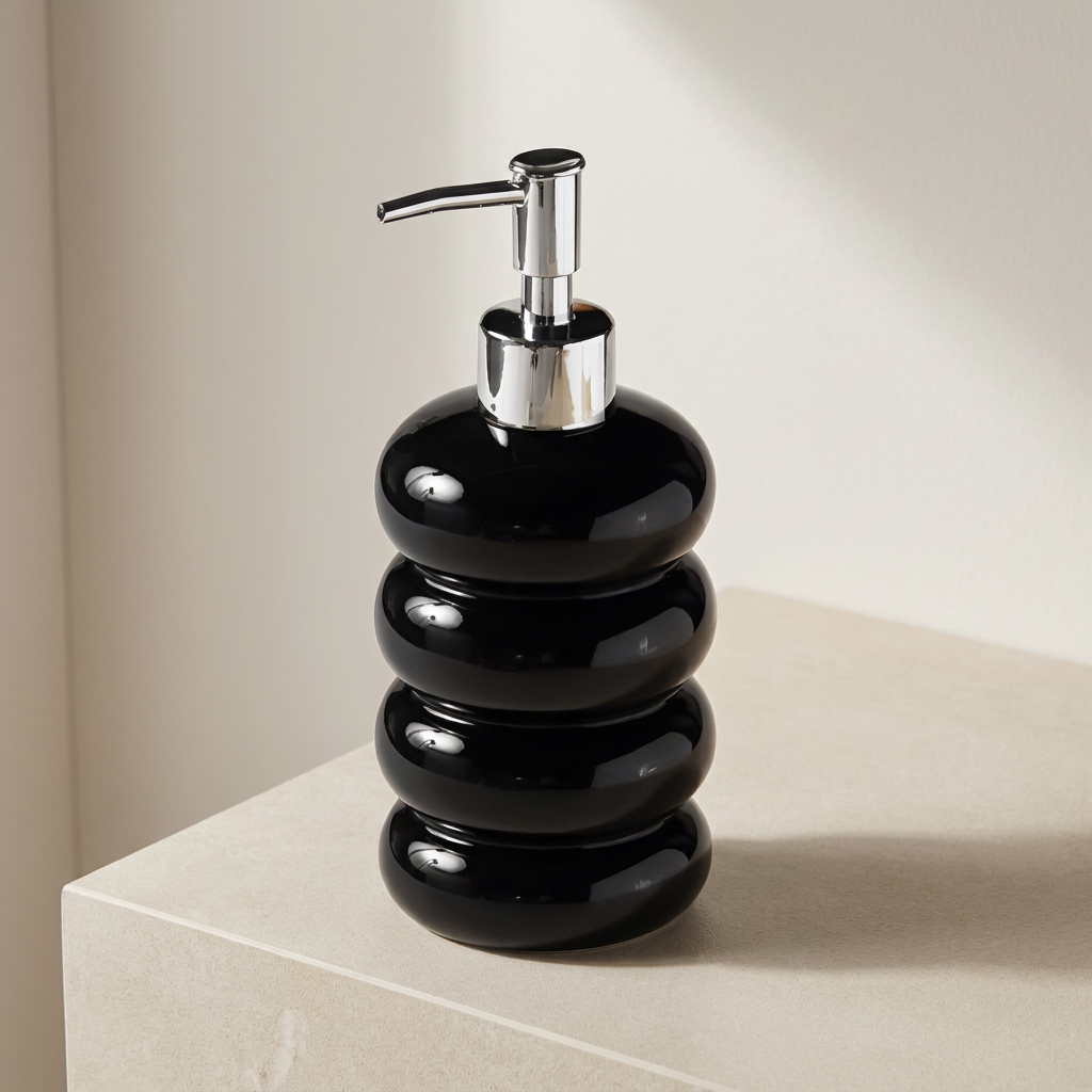 Black soap dispenser with silver pump on a beige surface