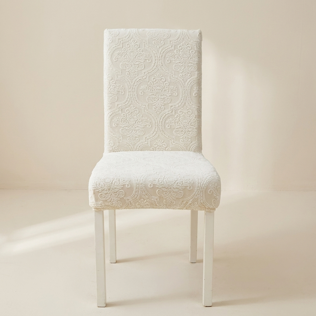 White chair with decorative lace pattern on a beige background