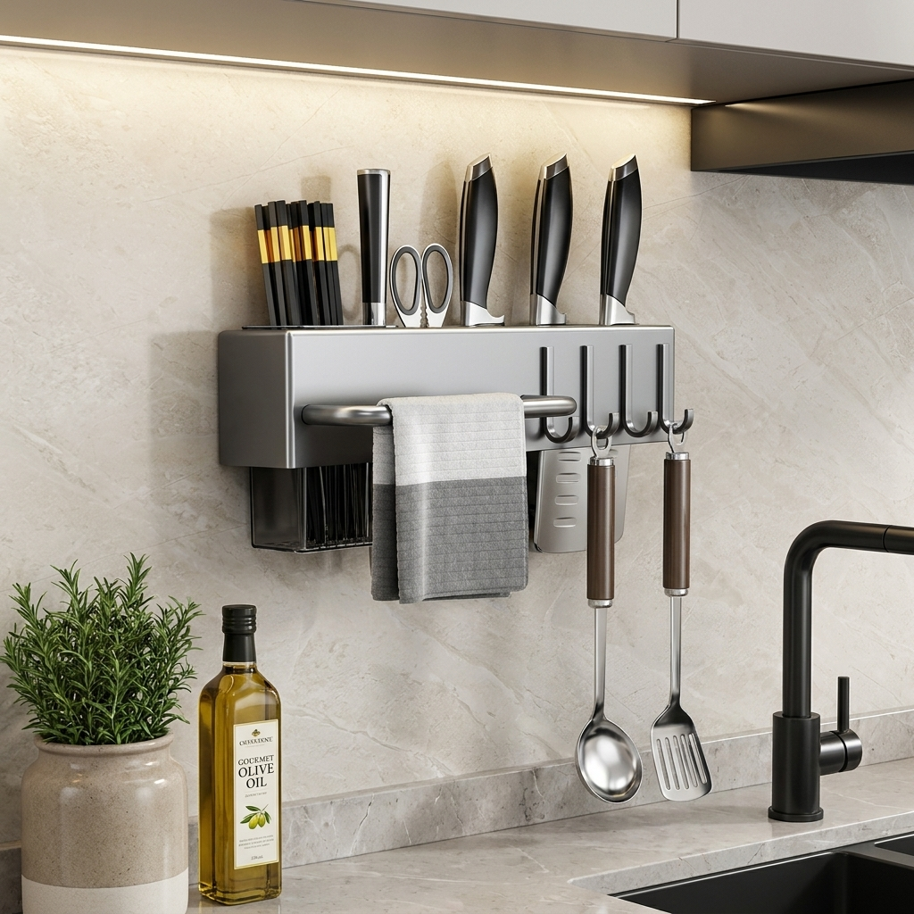 Wall Mounted Cutlery Organizer Metal Kitchen Storage Rack 1