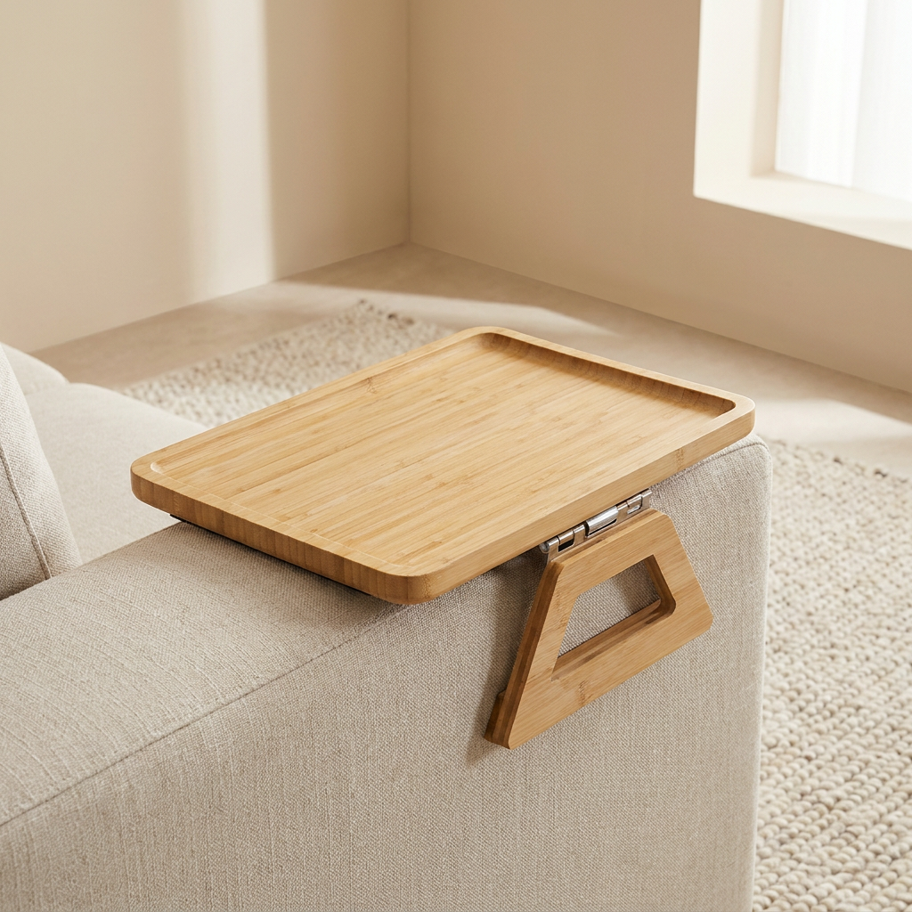 Wooden tray attached to a sofa in a home setting