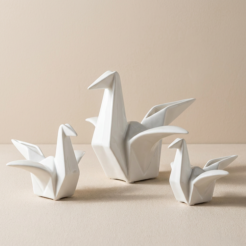 Three white ceramic swan sculptures on a beige background