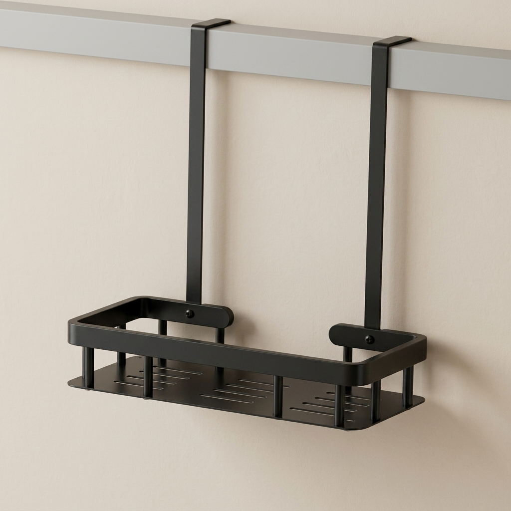 Black over-the-door shoe rack mounted on a beige wall.