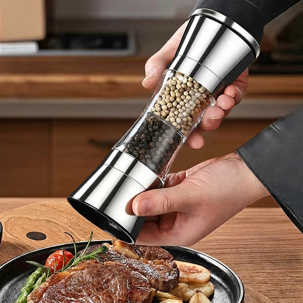 2-in-1 Stainless Steel Spice Mill with Dual Grinders for Salt and Pepper - Adjustable Coarseness, Ergonomic Design 