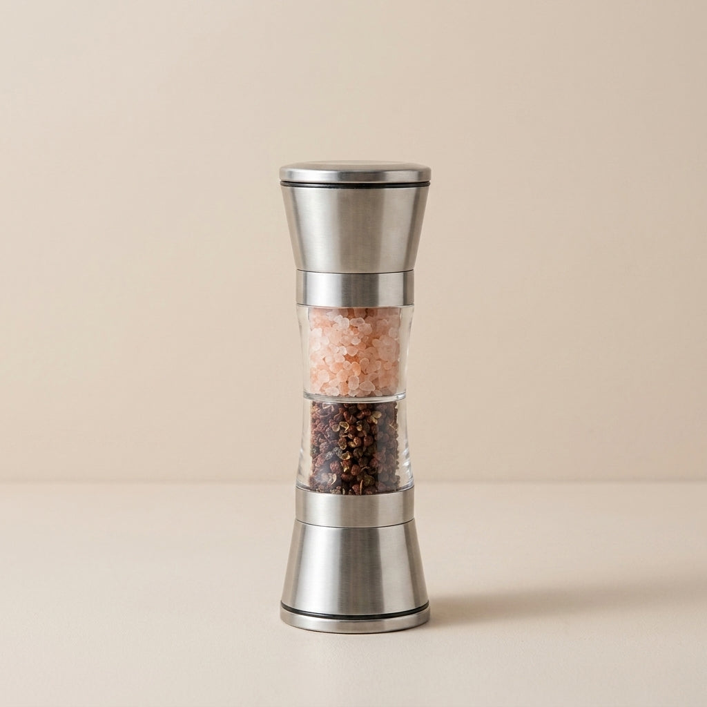 Silver pepper grinder with Himalayan salt and black pepper on a beige background