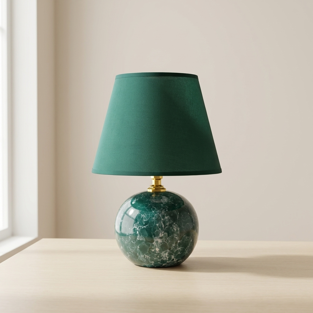 Table lamp with green marbled base and dark green shade on a beige surface.