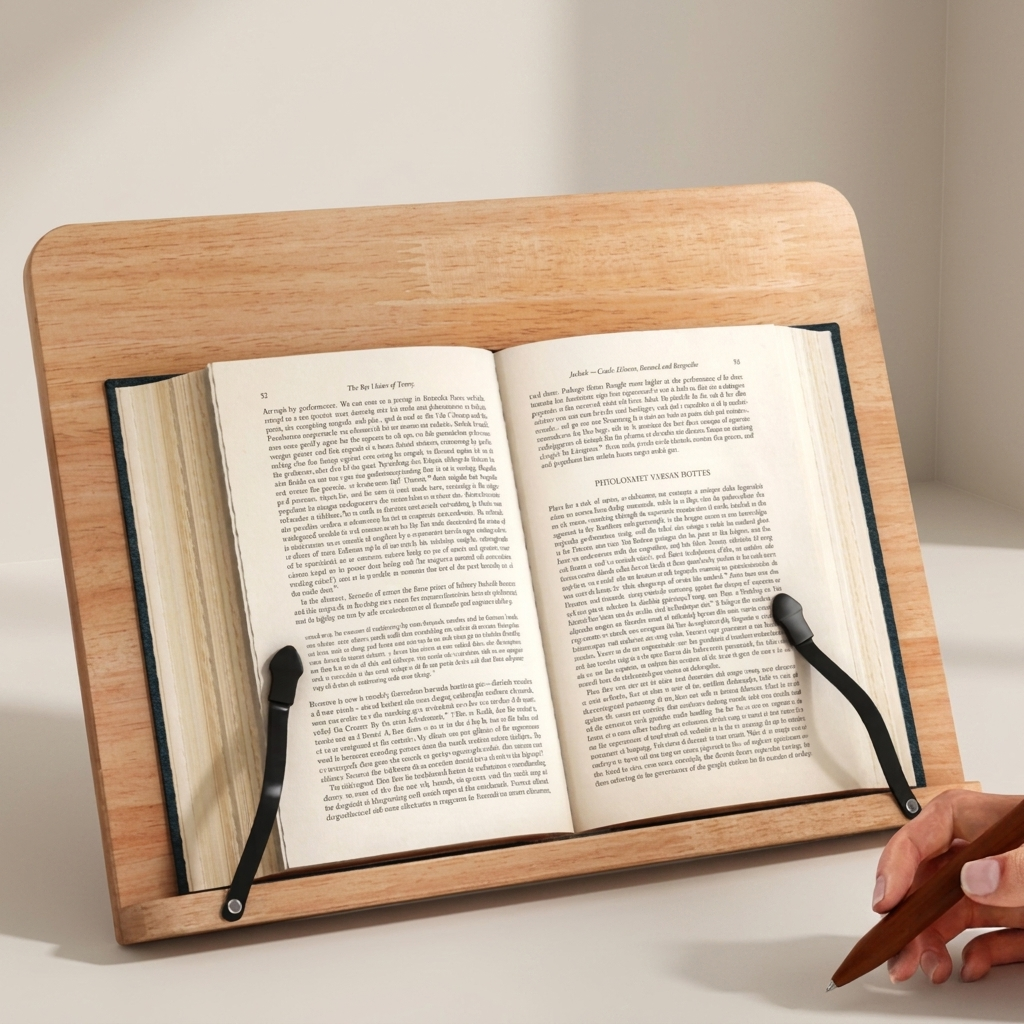Wooden reading stand holding an open book with a hand holding a pen on a light background