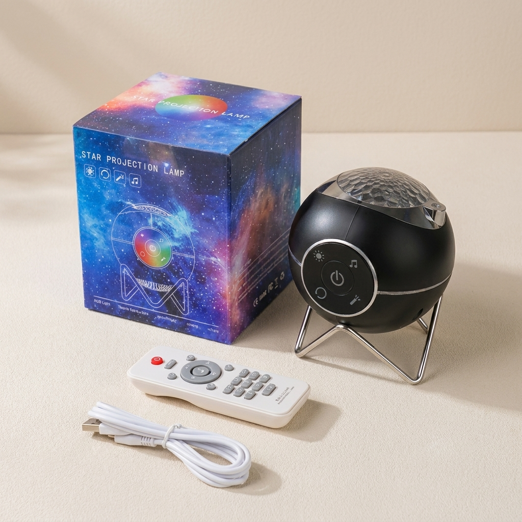 Star projection lamp with packaging, remote control, and cable on a beige surface