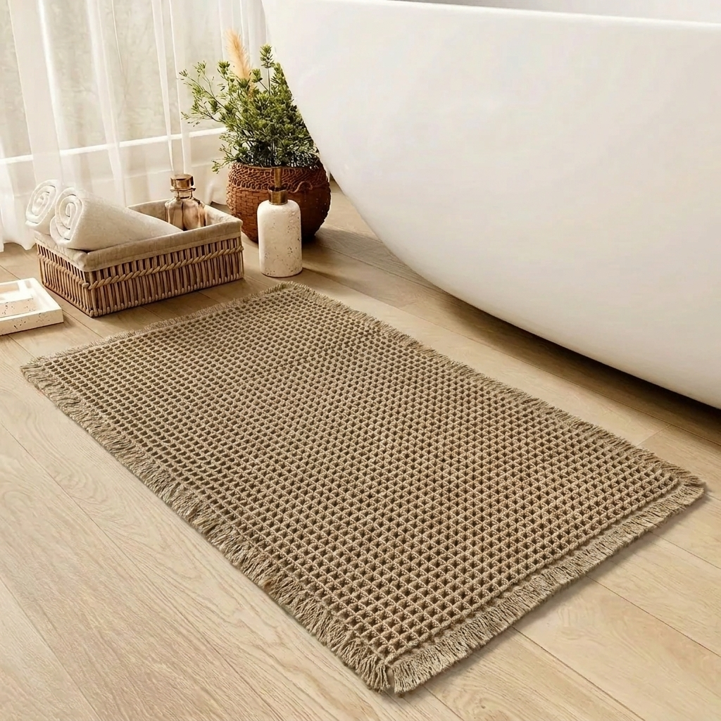 Beige bath mat on a wooden floor next to a bathtub