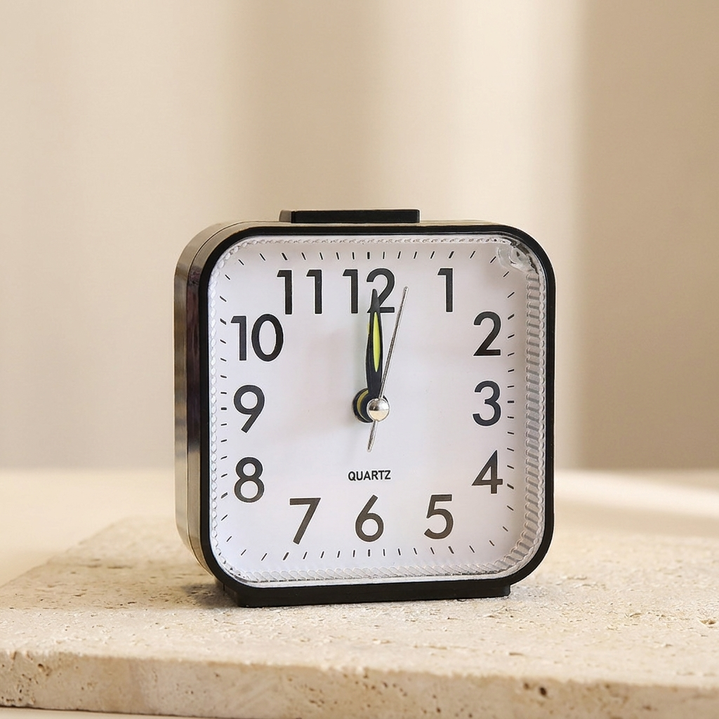 Vintage-style alarm clock on a light surface with a neutral background