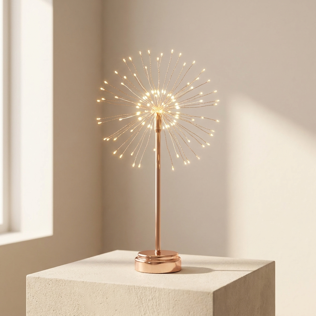 Decorative table lamp with starburst design on a neutral background