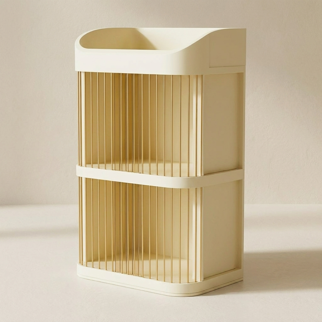 Beige corner shelf with a white base on a beige background