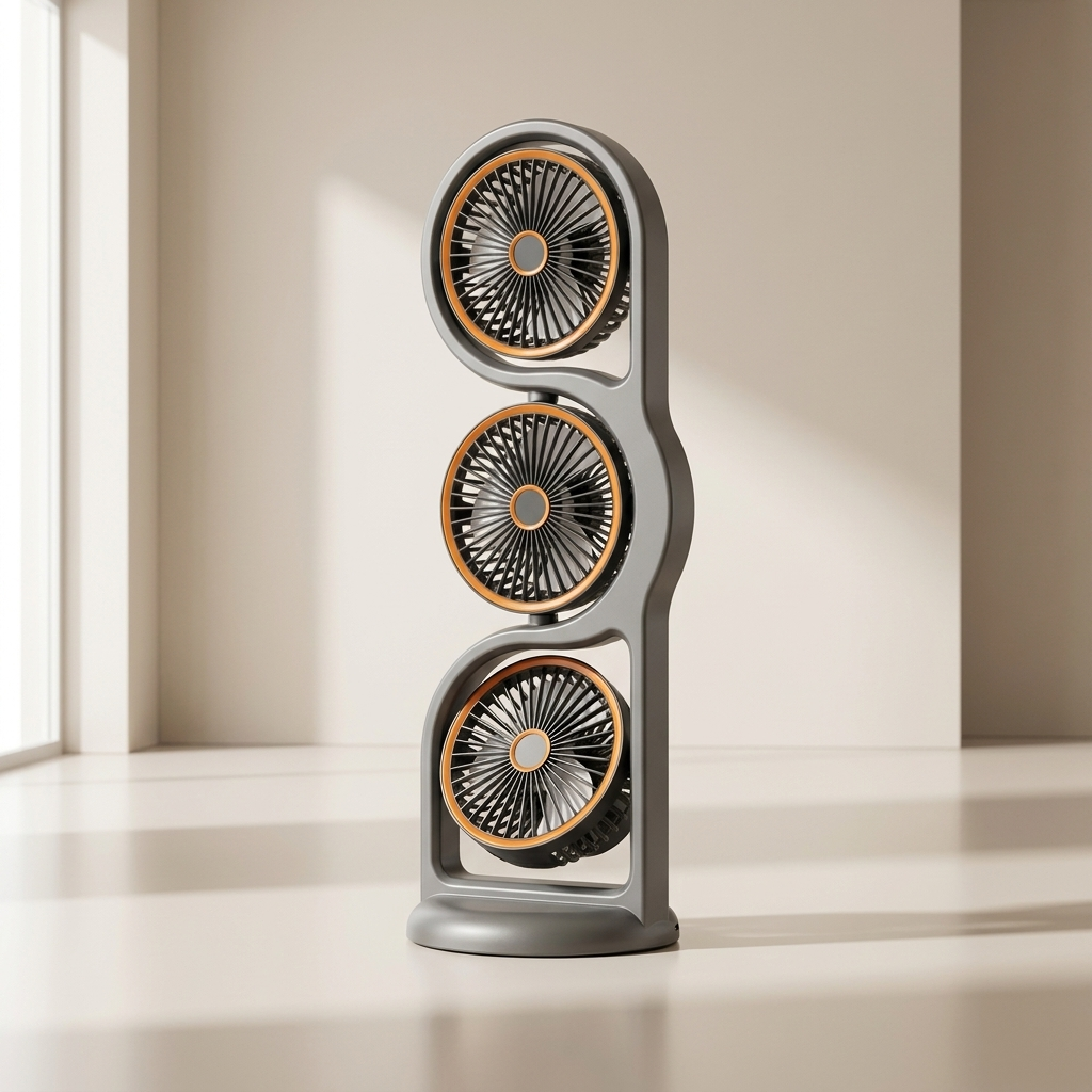 Modern three-tiered floor fan on a neutral background