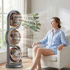 Woman sitting in a living room with a modern tower fan blowing air.