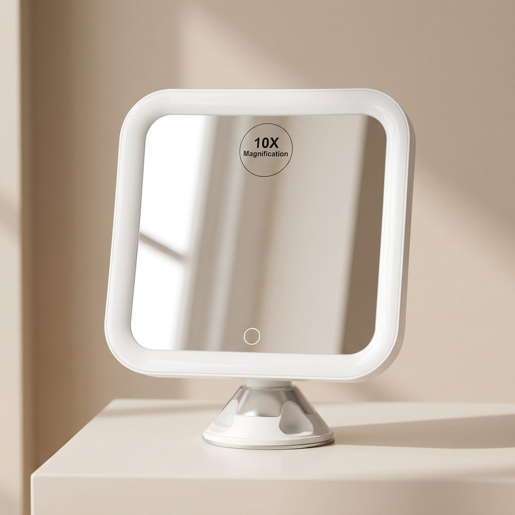 Makeup mirror with 10x magnification on a beige background