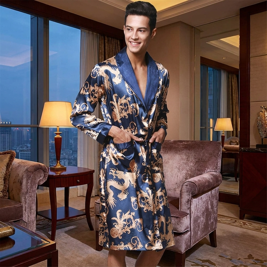 Man wearing a blue patterned robe in a luxurious room with cityscape view