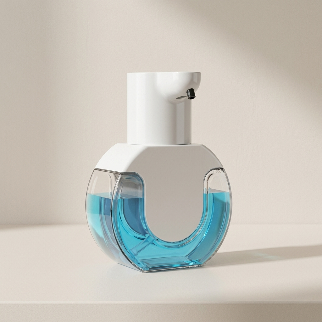 White and blue bottle on a beige background