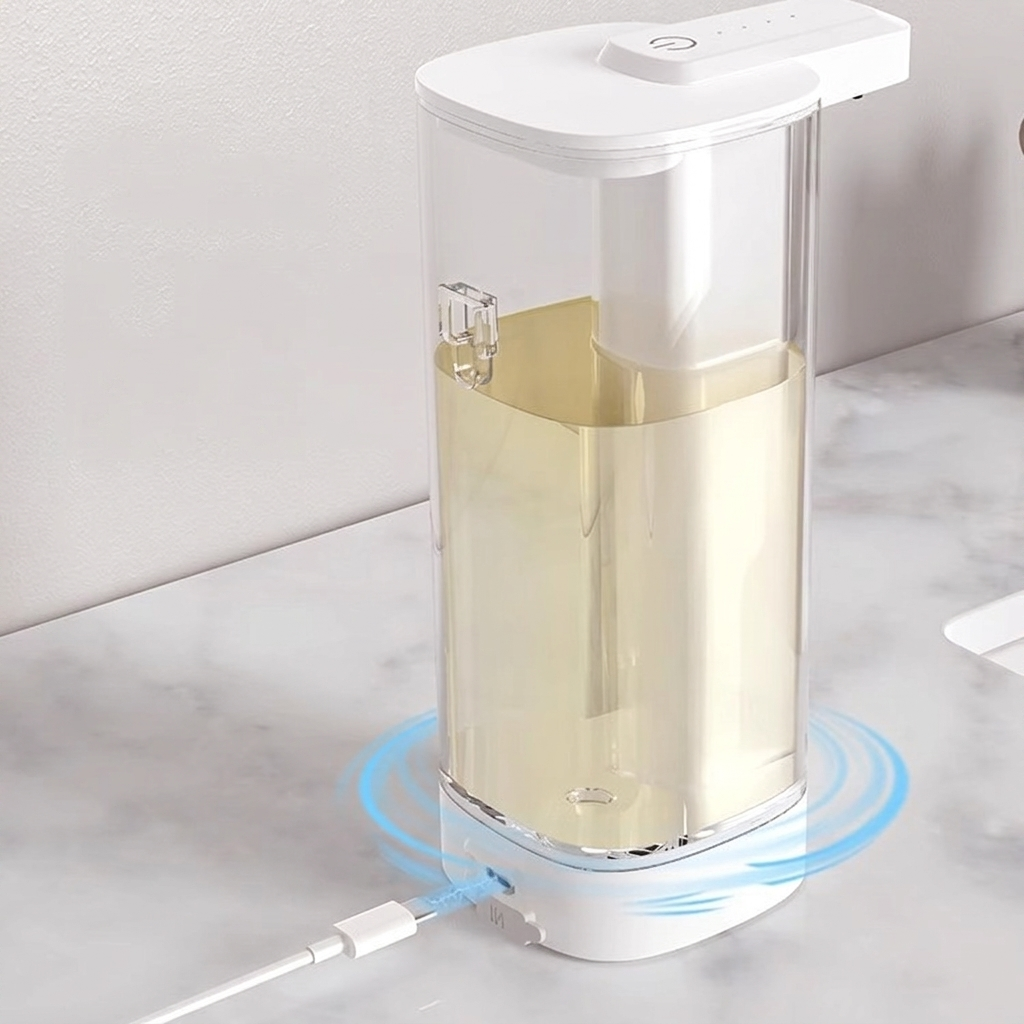 White soap dispenser with liquid soap on a marble surface