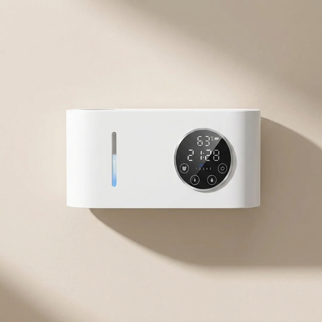 Digital thermostat on a beige wall