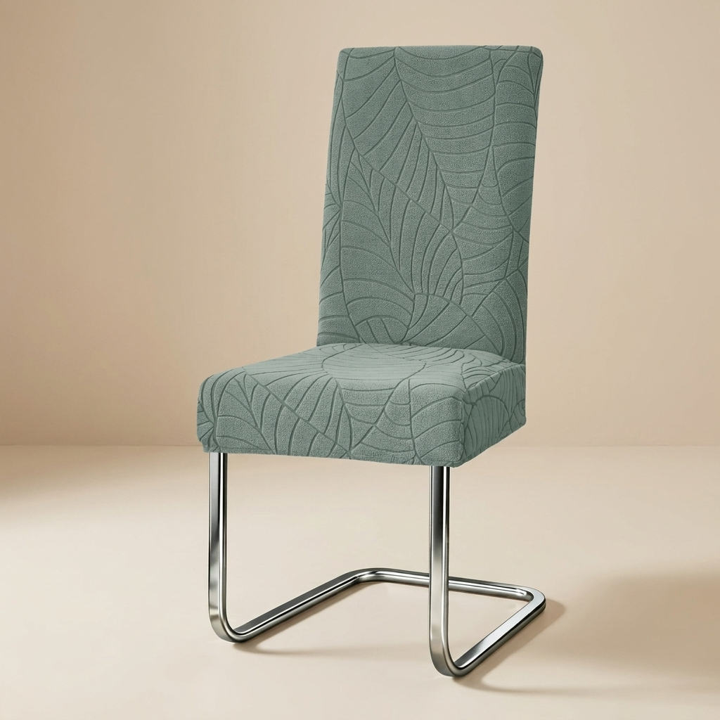 Green upholstered chair with a leaf pattern on a beige background
