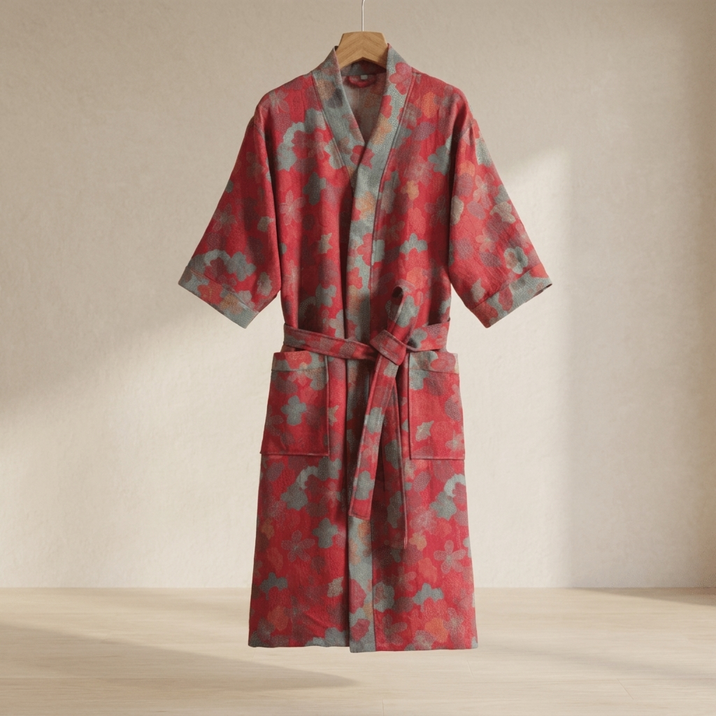 Red and gray patterned robe on a wooden hanger against a beige background