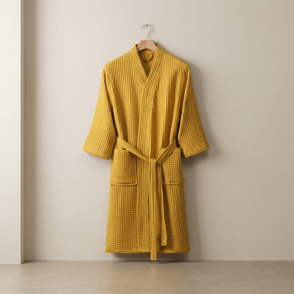 Yellow robe hanging on a hook against a beige wall