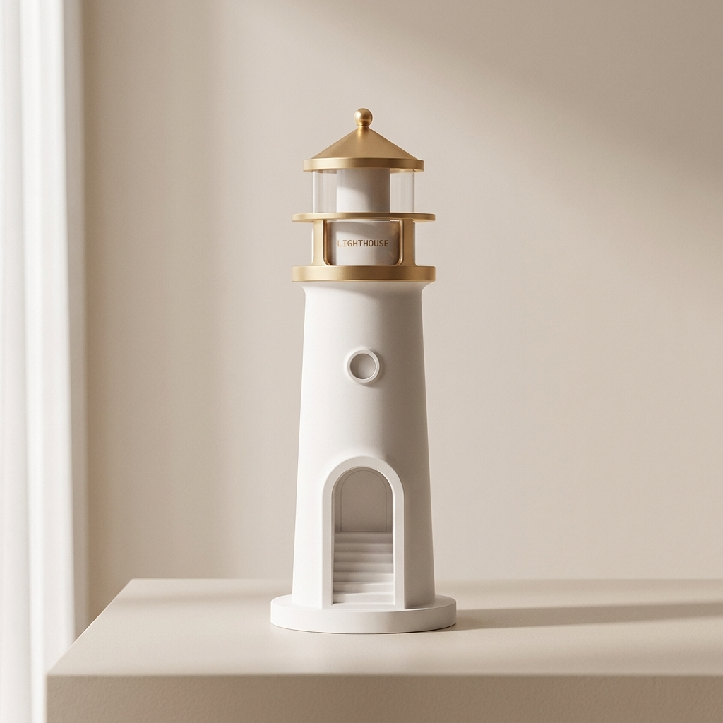 Model of a lighthouse on a white surface with a neutral background