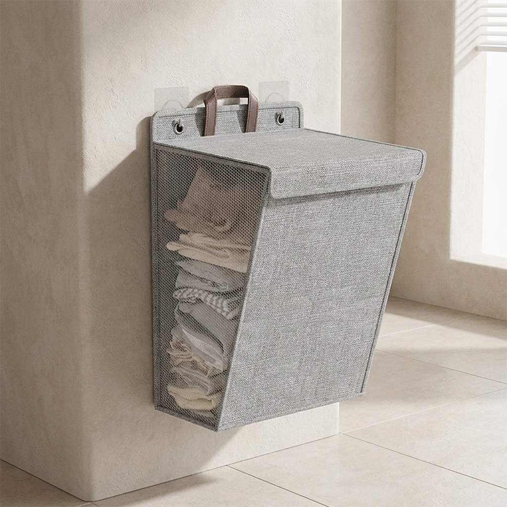 Gray laundry basket with clothes hanging on a wall-mounted holder in a bathroom.