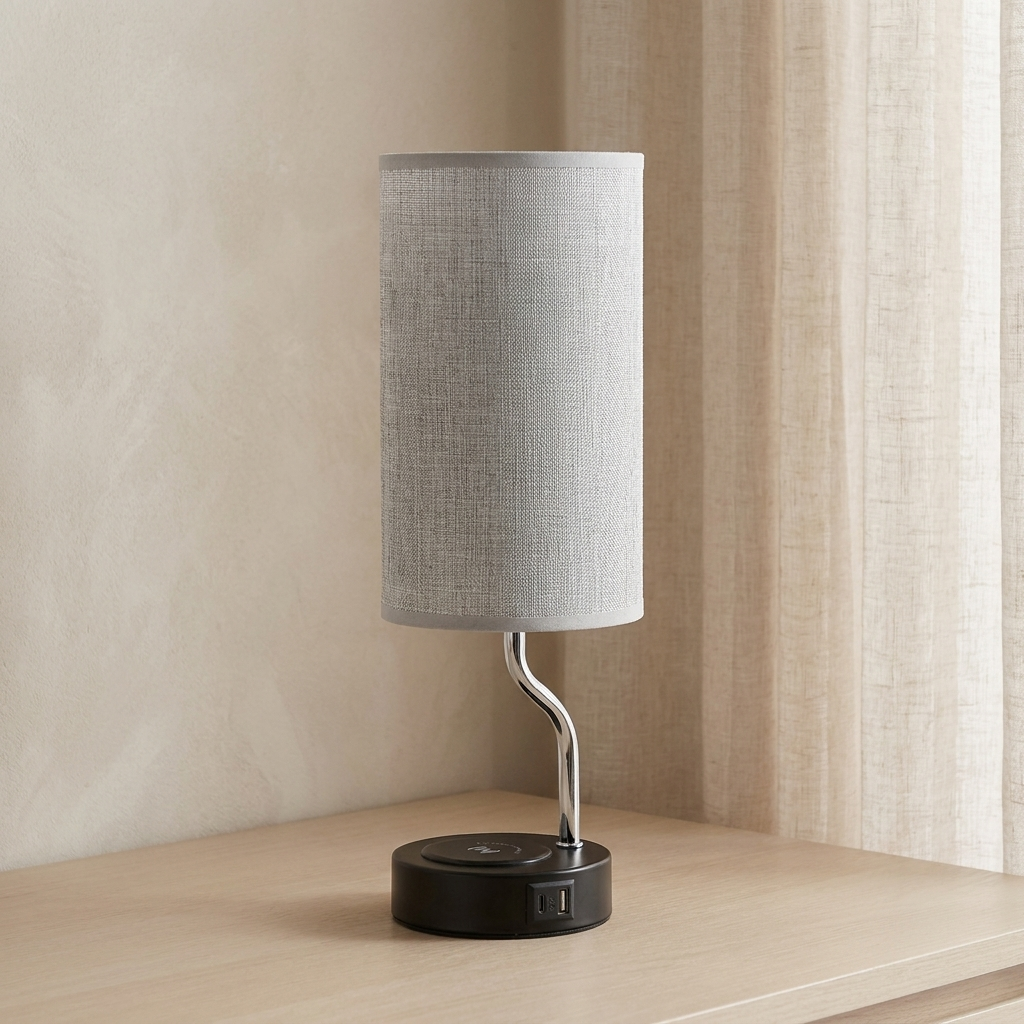 Table lamp with a gray shade on a wooden surface against a beige wall.