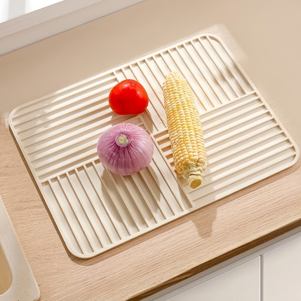 Beige kitchen mat with vegetables on a wooden surface