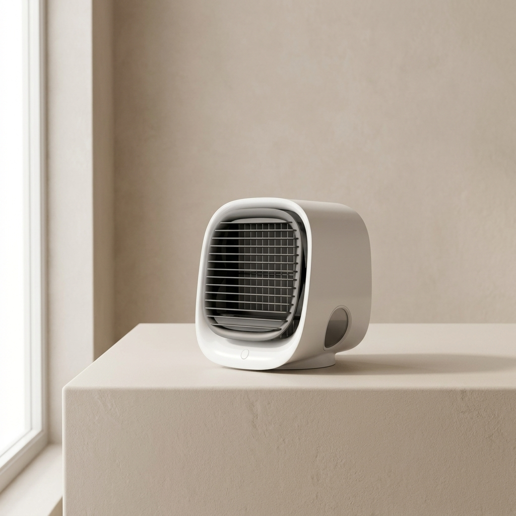 Small white air cooler on a light surface with a neutral background