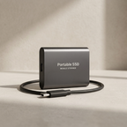 Portable SSD with cable on a beige background
