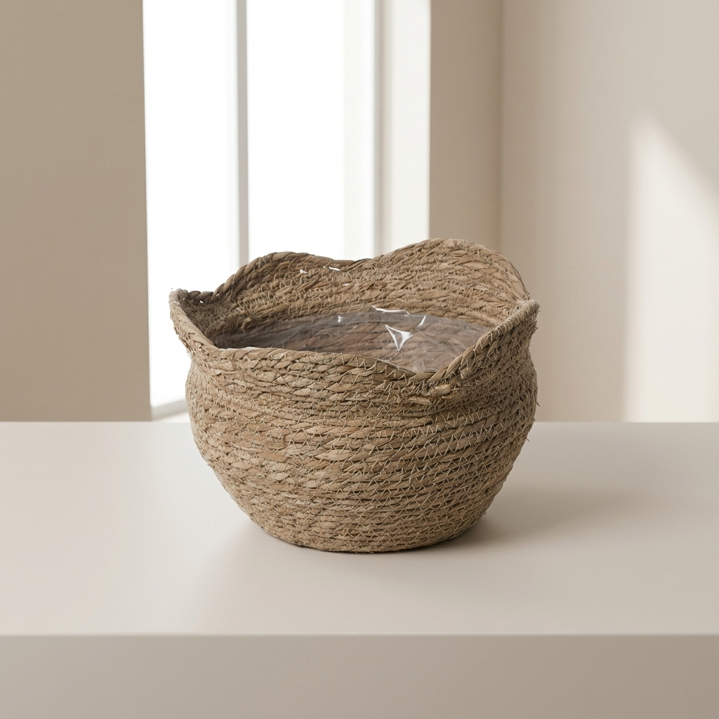Woven basket on a white surface with a neutral background