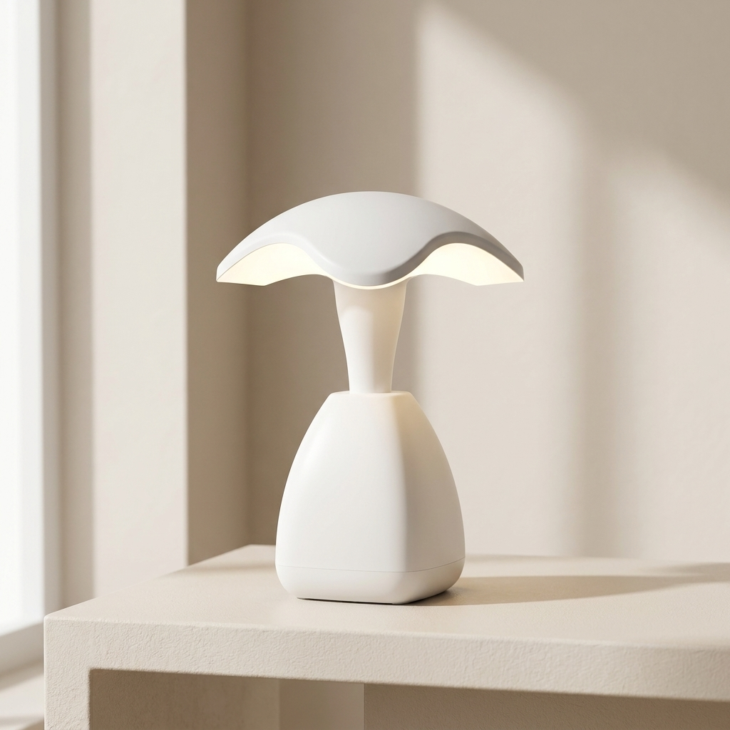 White mushroom-shaped lamp on a beige surface with a neutral background