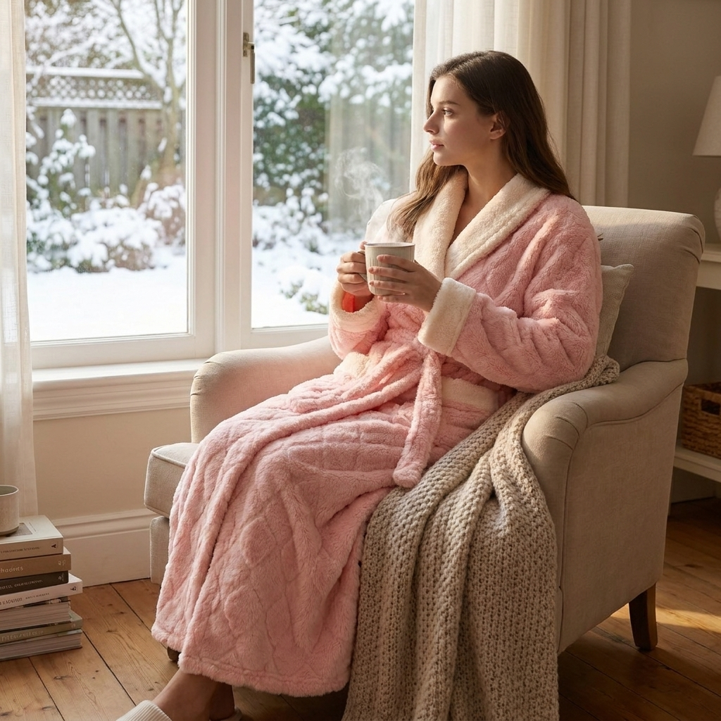 Woman in a pink robe sitting in a chair with a blanket, holding a mug, in a cozy room with a snowy outdoor view.