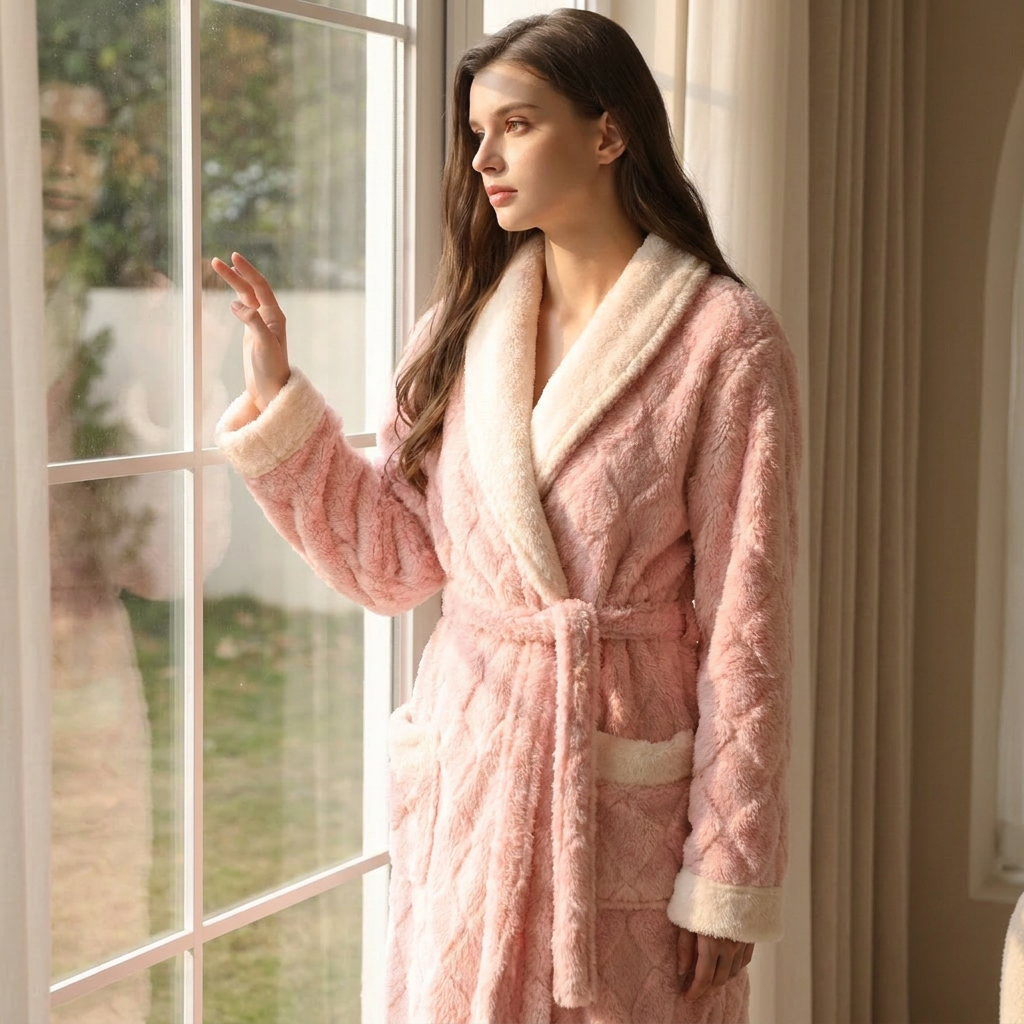 Woman in a pink robe standing by a window