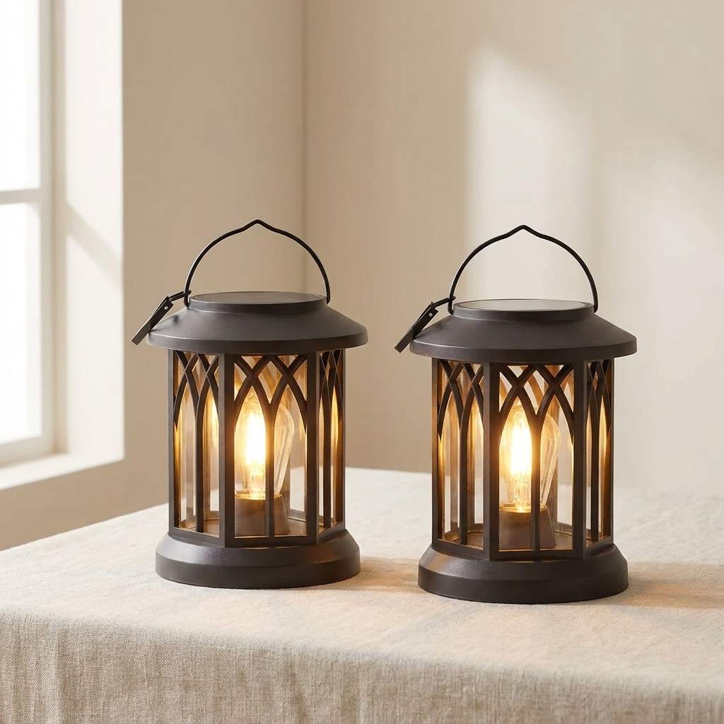 Two lit black lanterns on a table with a neutral background