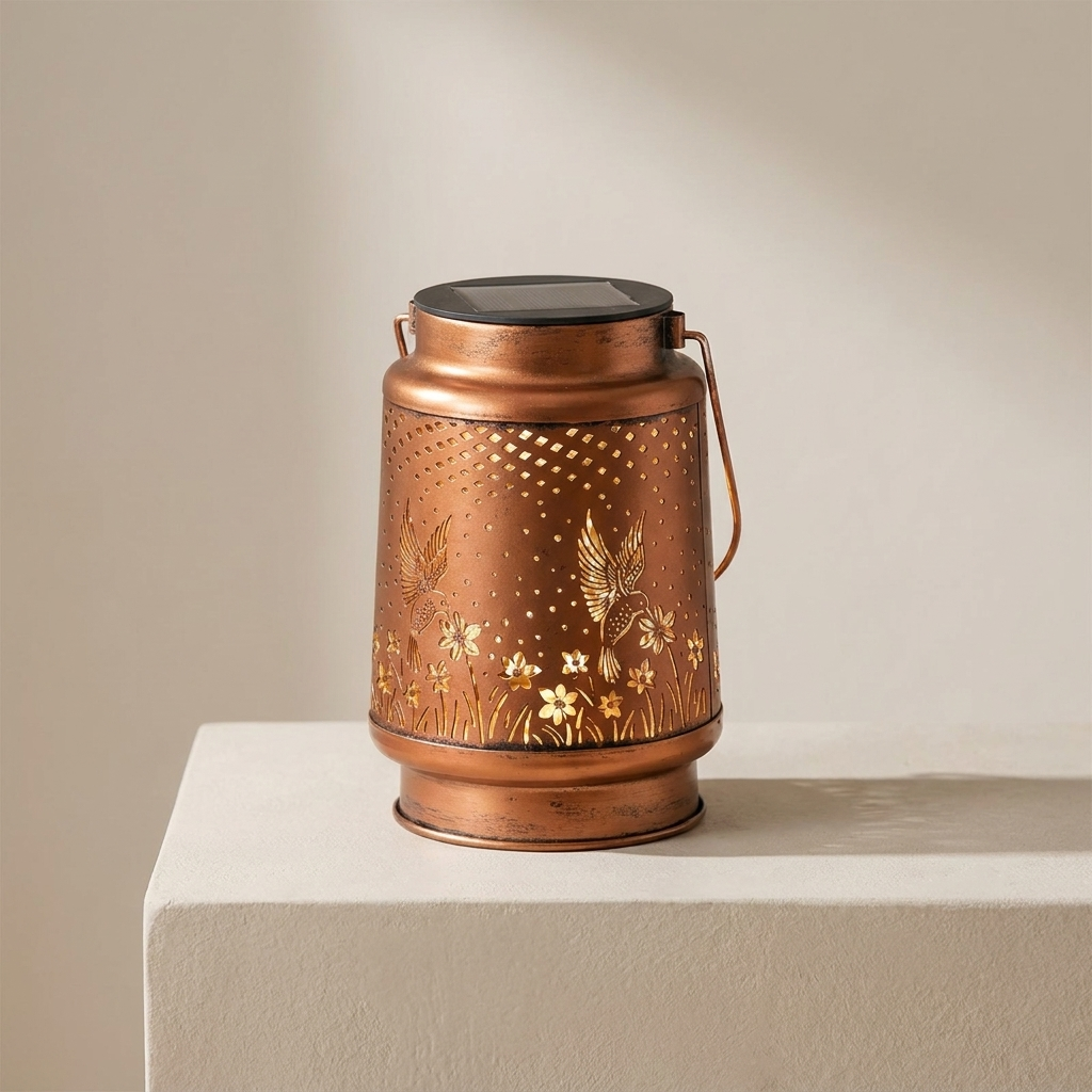 Copper lantern with floral designs on a neutral background