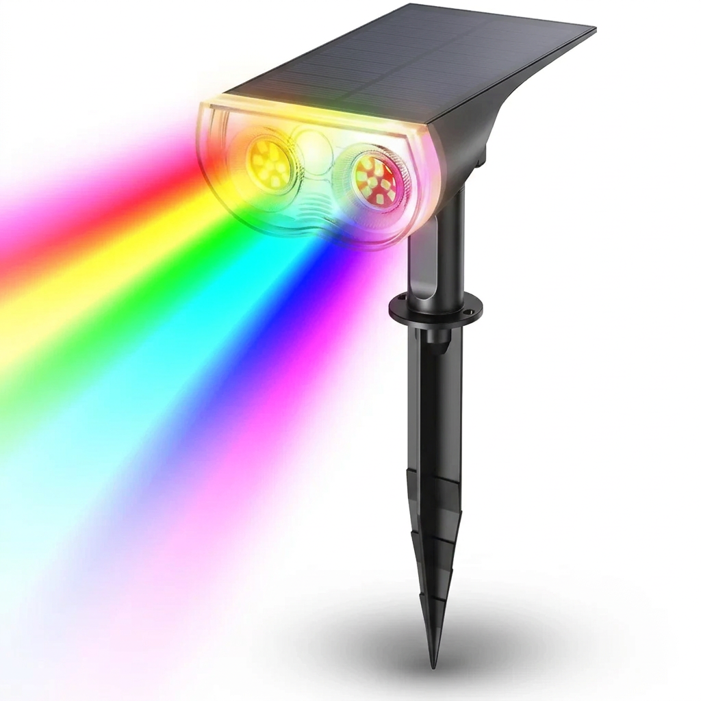 Solar-powered LED light with rainbow-colored beam on a white background