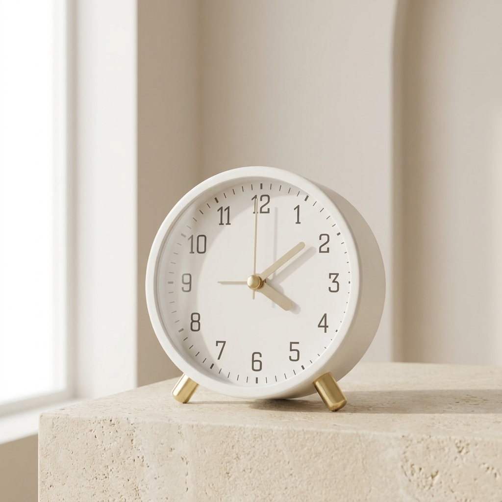 White clock with gold accents on a beige surface