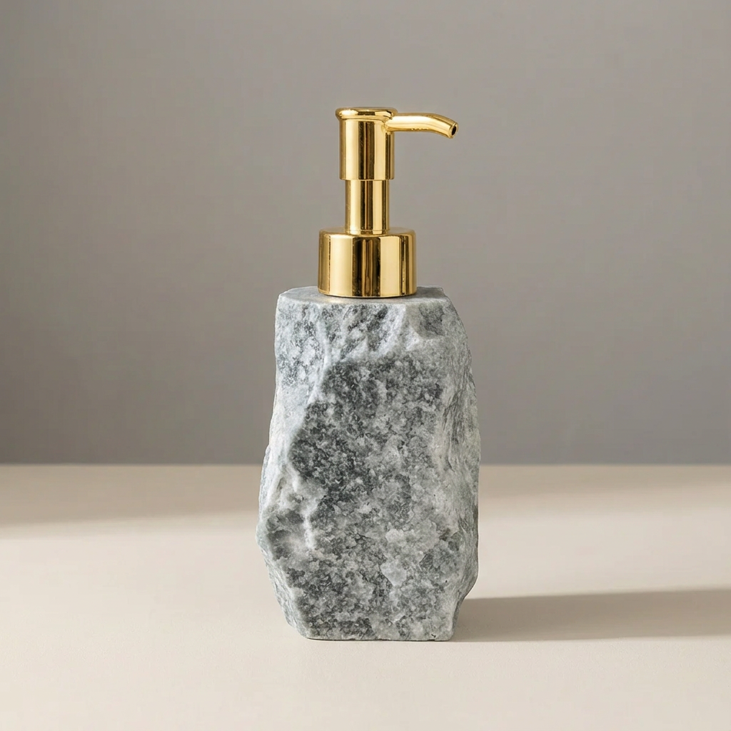 Marble-textured soap dispenser with gold pump on a neutral background