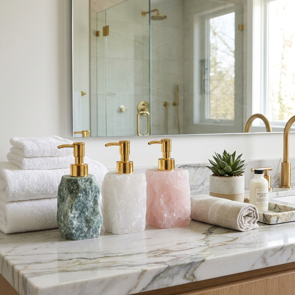 Bathroom counter with marble soap dispensers, towels, and a plant.