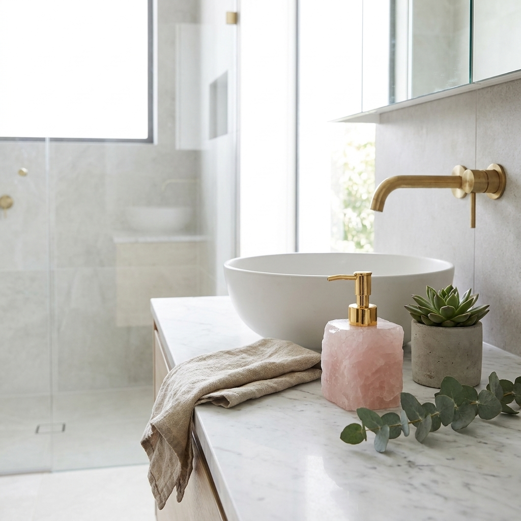 Bathroom counter with a white sink, pink soap dispenser, and small plant.