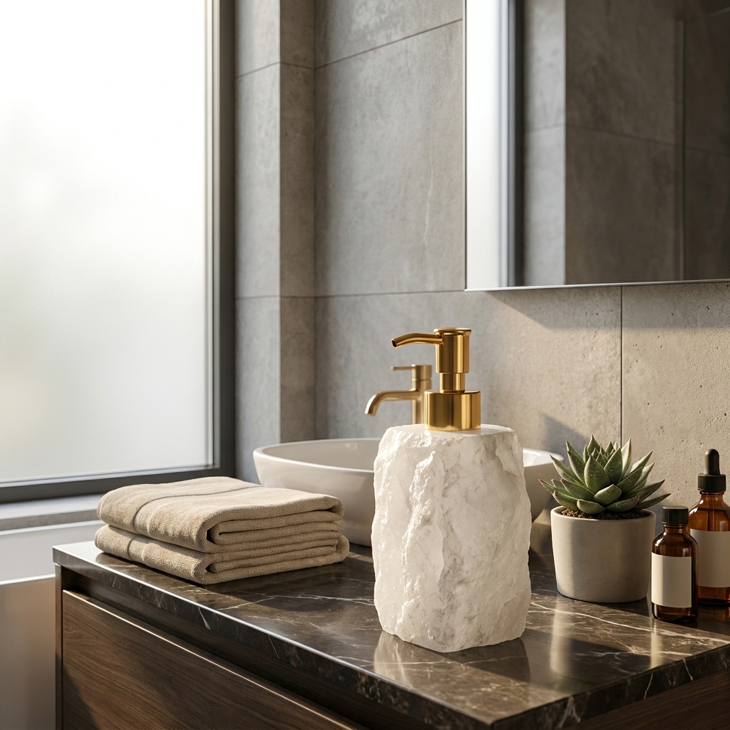Bathroom counter with soap dispenser, towels, and decorative items.