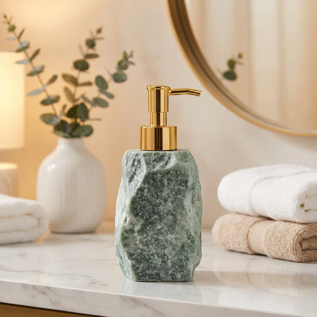 Soap dispenser with green stone design and gold pump on a marble surface with towels and a plant in the background.