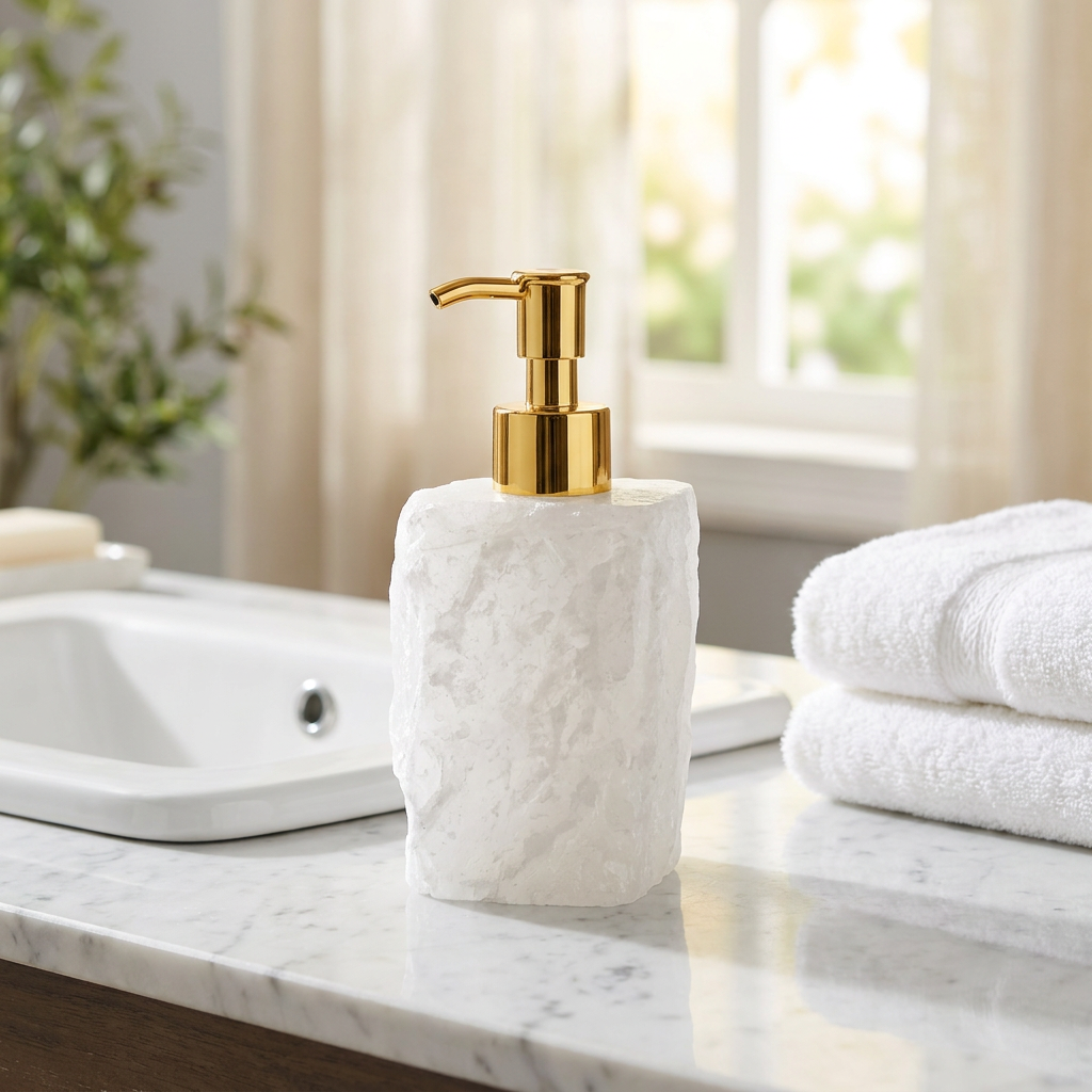 Soap dispenser with gold pump on a marble countertop next to a sink and towels.